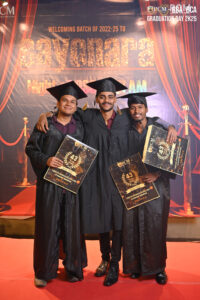 Graduates in caps and gowns holding certificates at BBA/BCA graduation, 2022-25 batch.