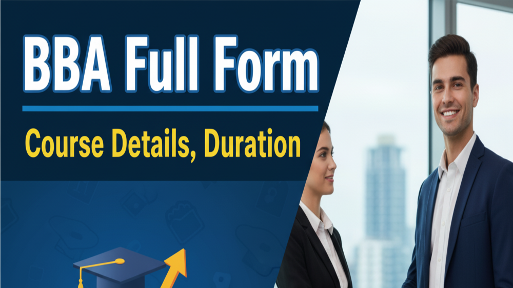 Here's a YouTube thumbnail image for "BBA Full Form: Course Details, Duration, Eligibility, and Career Scope."