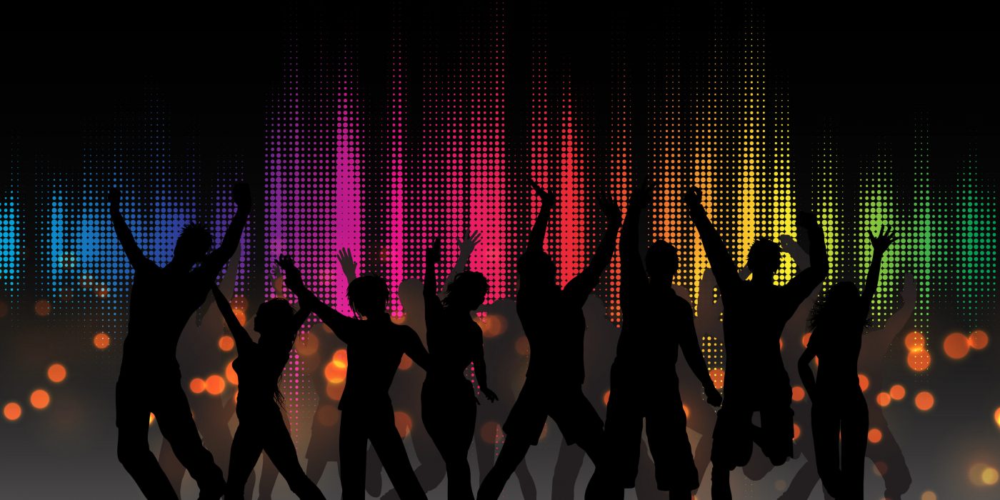 Silhouette of a party crowd on graphic equaliser design