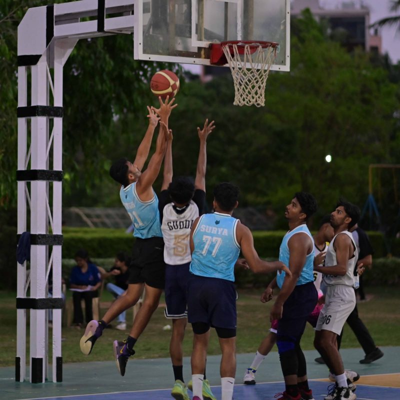 Basketball players in action during Brahmastra 2025 at Regional College of Management, Bhubaneswar