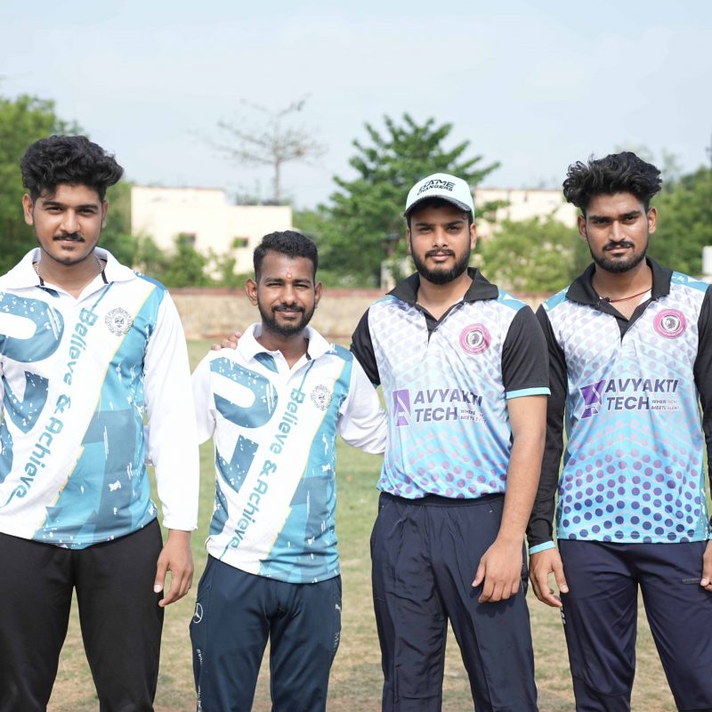 Intercollege cricket players from another college posing during Brahmastra 2025 Ranbhoomi tournament at Railway Sports Complex